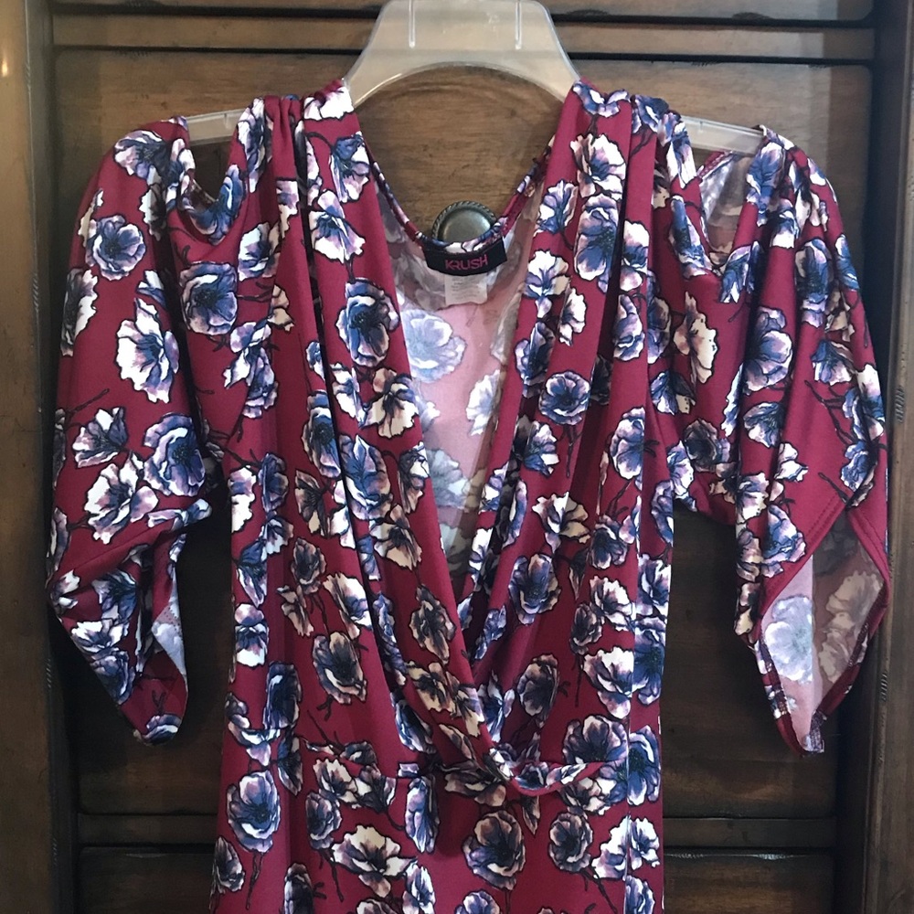Krush Purple Floral & Maroon Top Split Sleeves LG - Picture 3 of 4